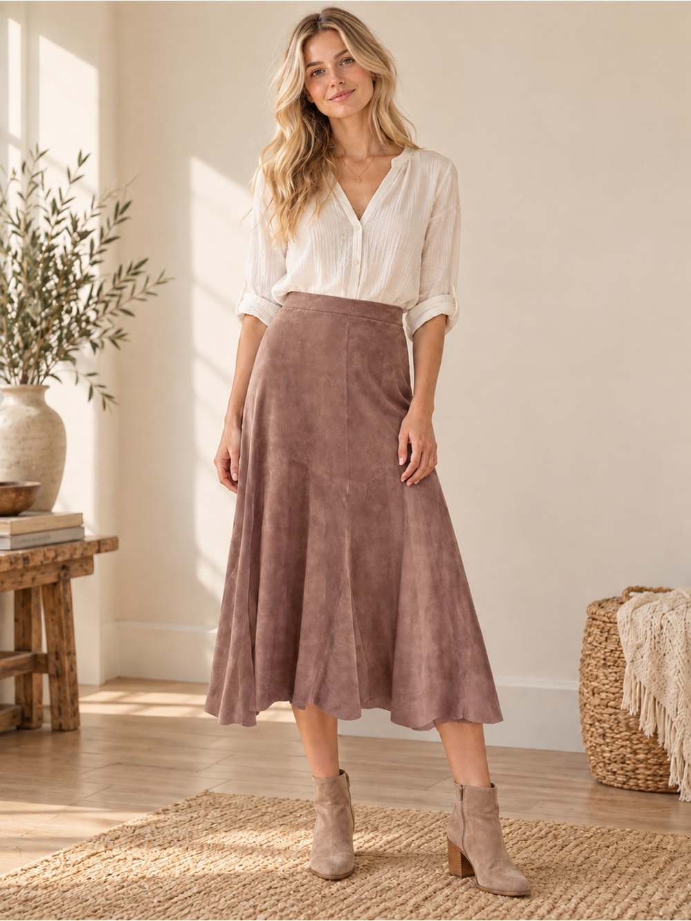 J Jill Midi Suede A-Line Skirt in Brown